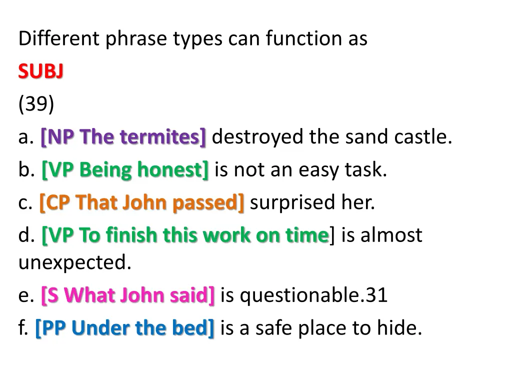 different phrase types can function as subj