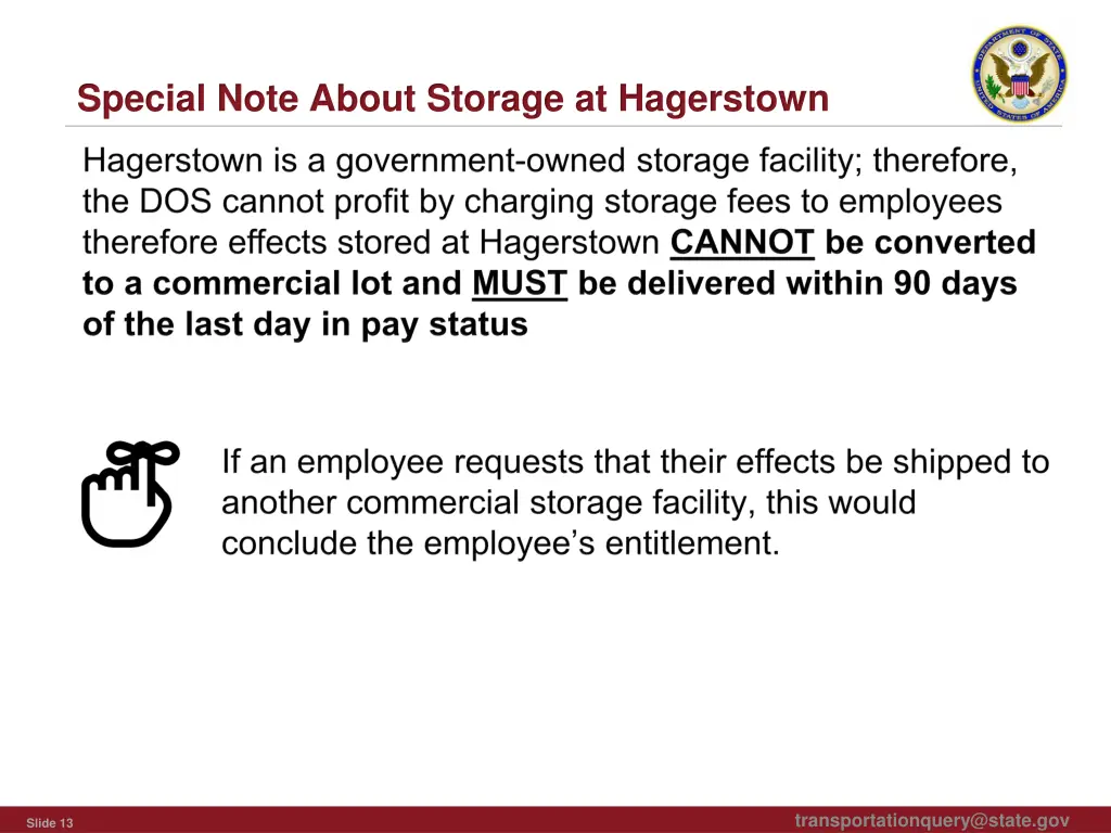special note about storage at hagerstown