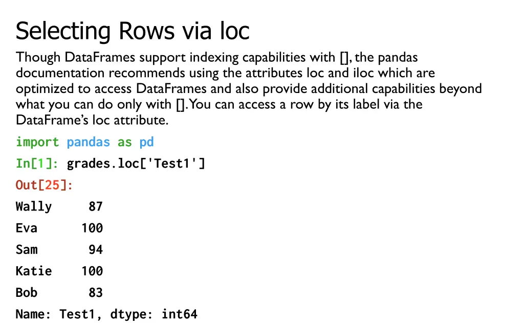 selecting rows via loc though dataframes support