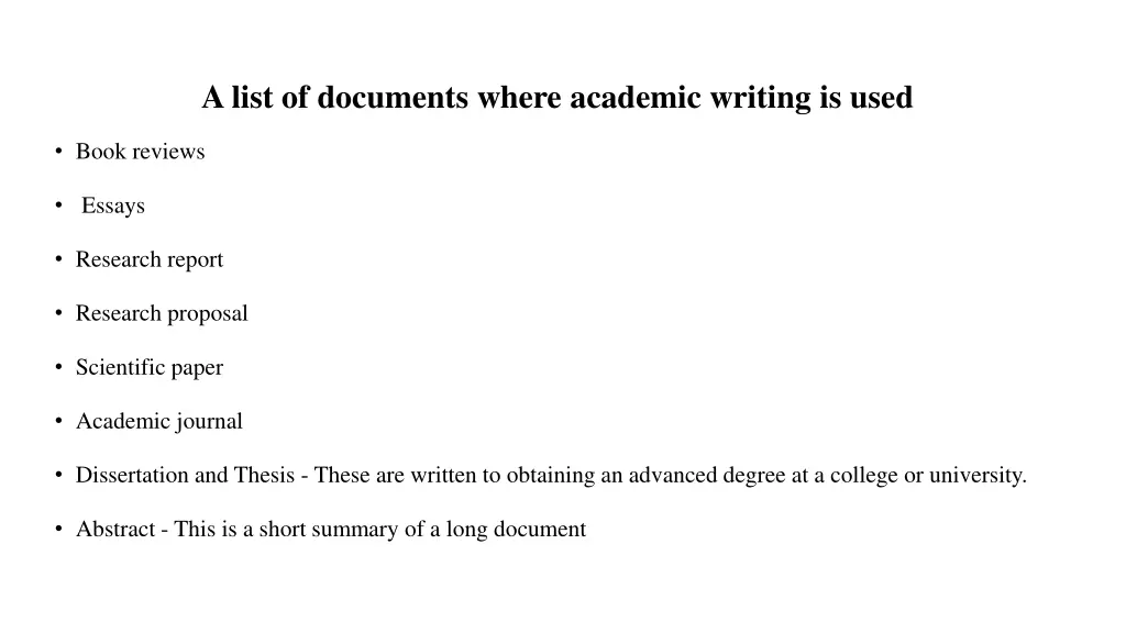 a list of documents where academic writing is used