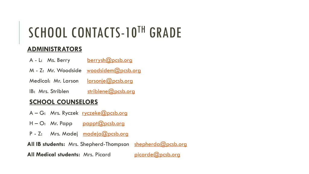 school contacts 10 th grade