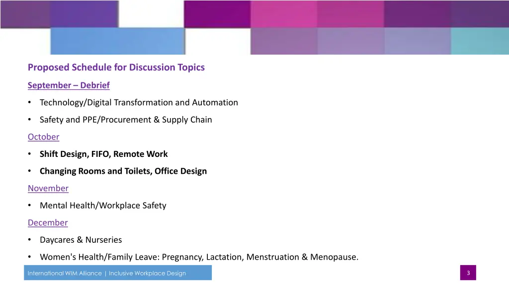 proposed schedule for discussion topics