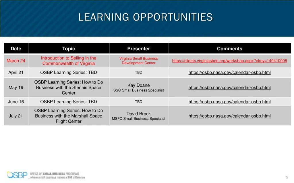 learning opportunities