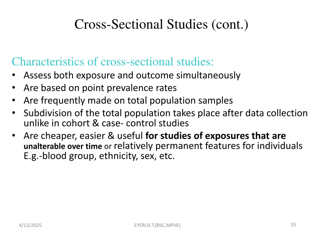 cross sectional studies cont