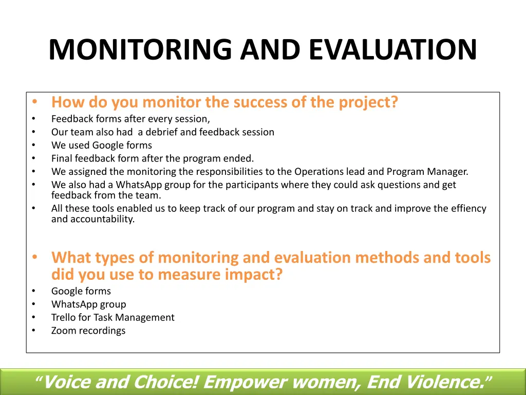 monitoring and evaluation