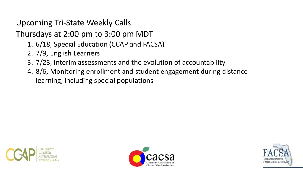 upcoming tri state weekly calls thursdays