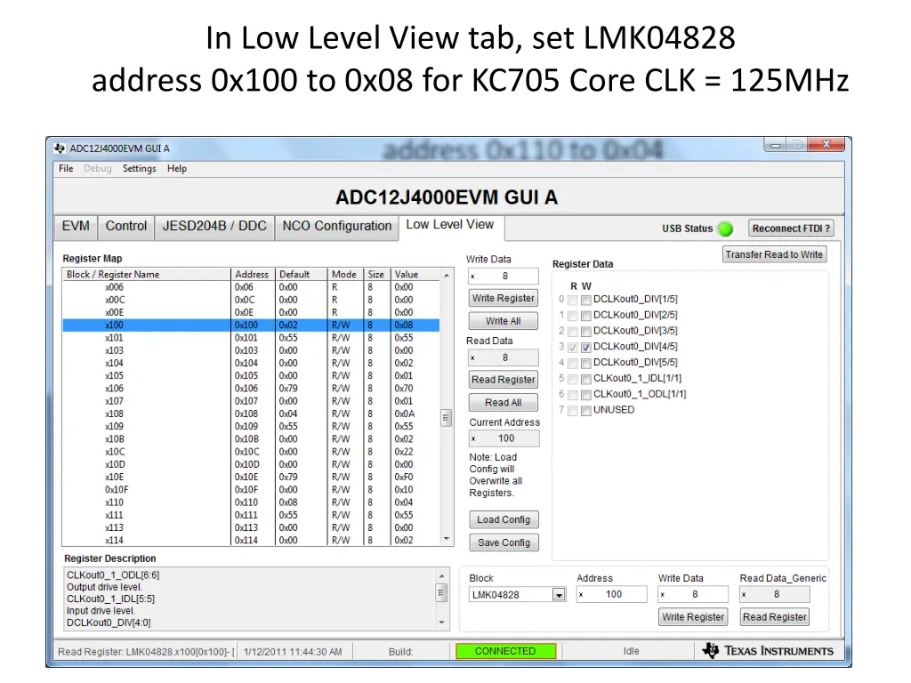 in low level view tab set lmk04828 address 0x100