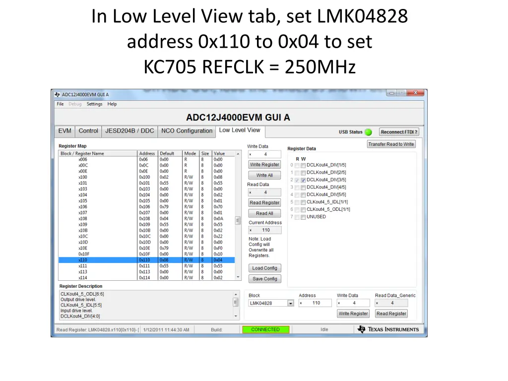 in low level view tab set lmk04828 address 0x110
