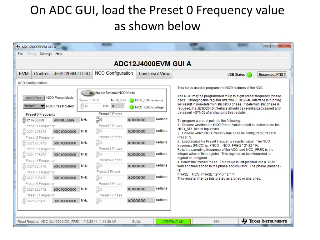 on adc gui load the preset 0 frequency value