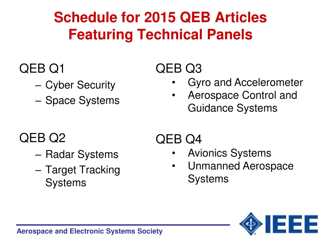 schedule for 2015 qeb articles featuring