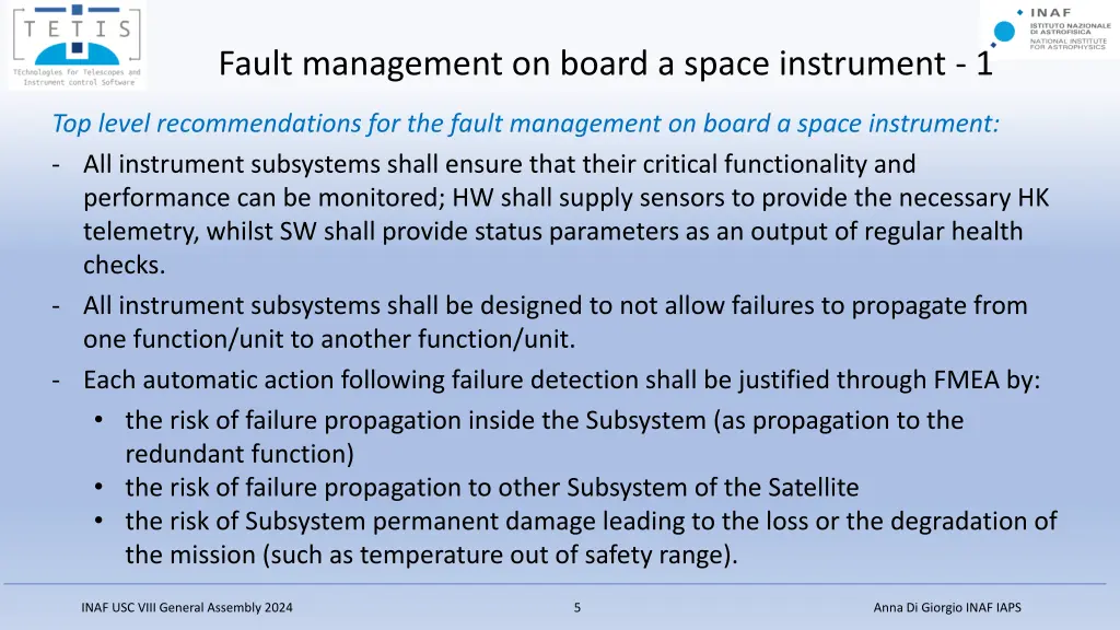 fault management on board a space instrument 1