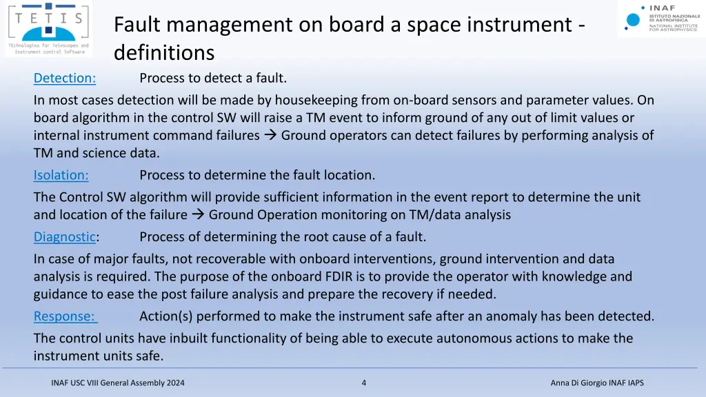 fault management on board a space instrument