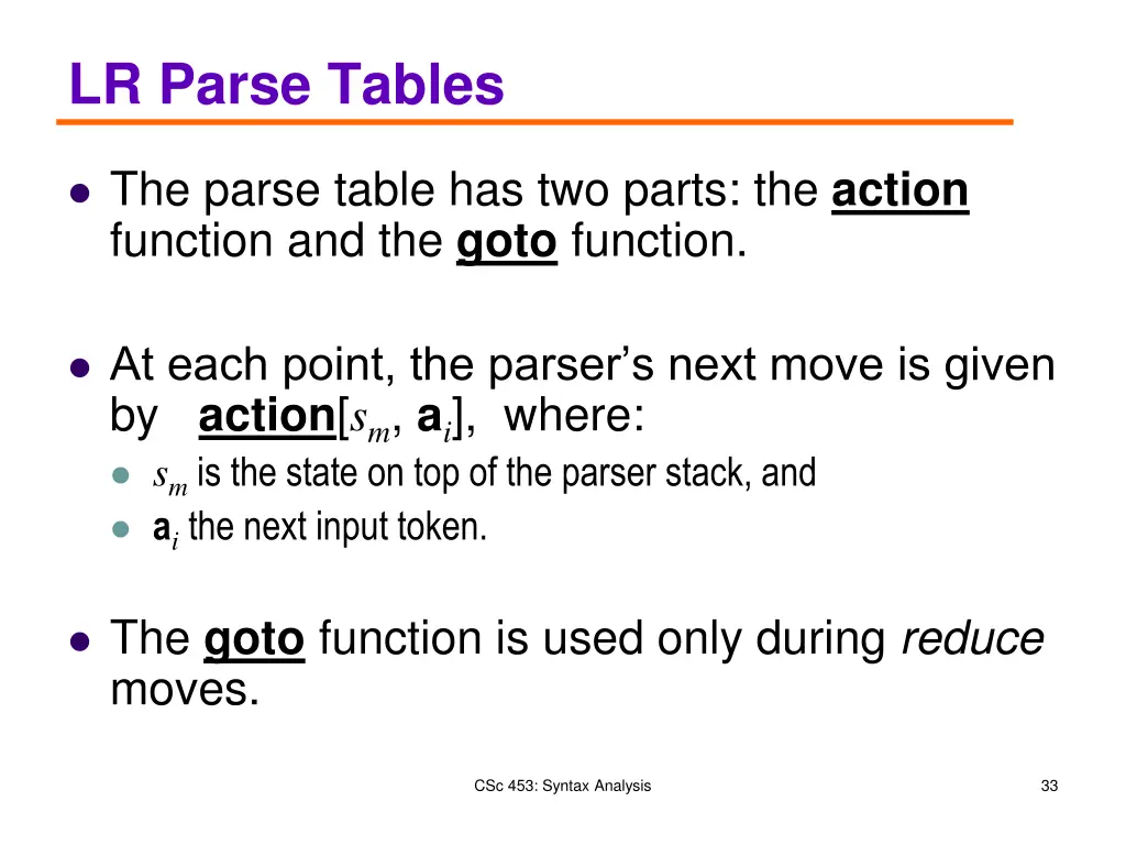 lr parse tables