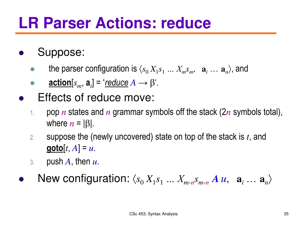lr parser actions reduce
