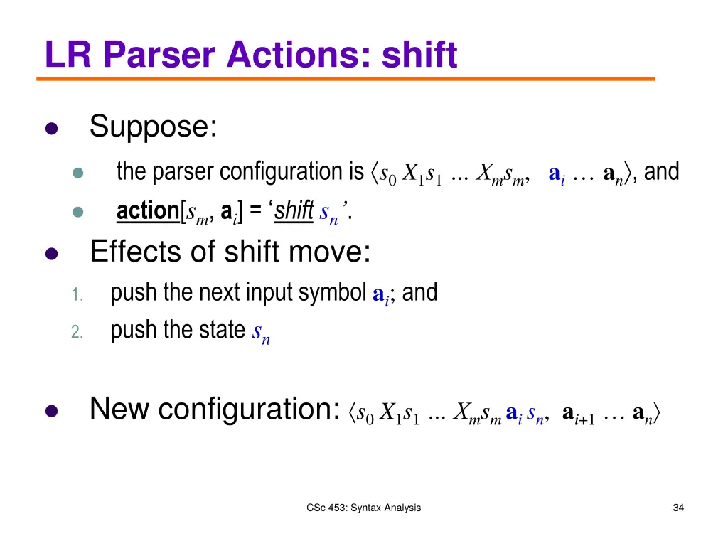 lr parser actions shift