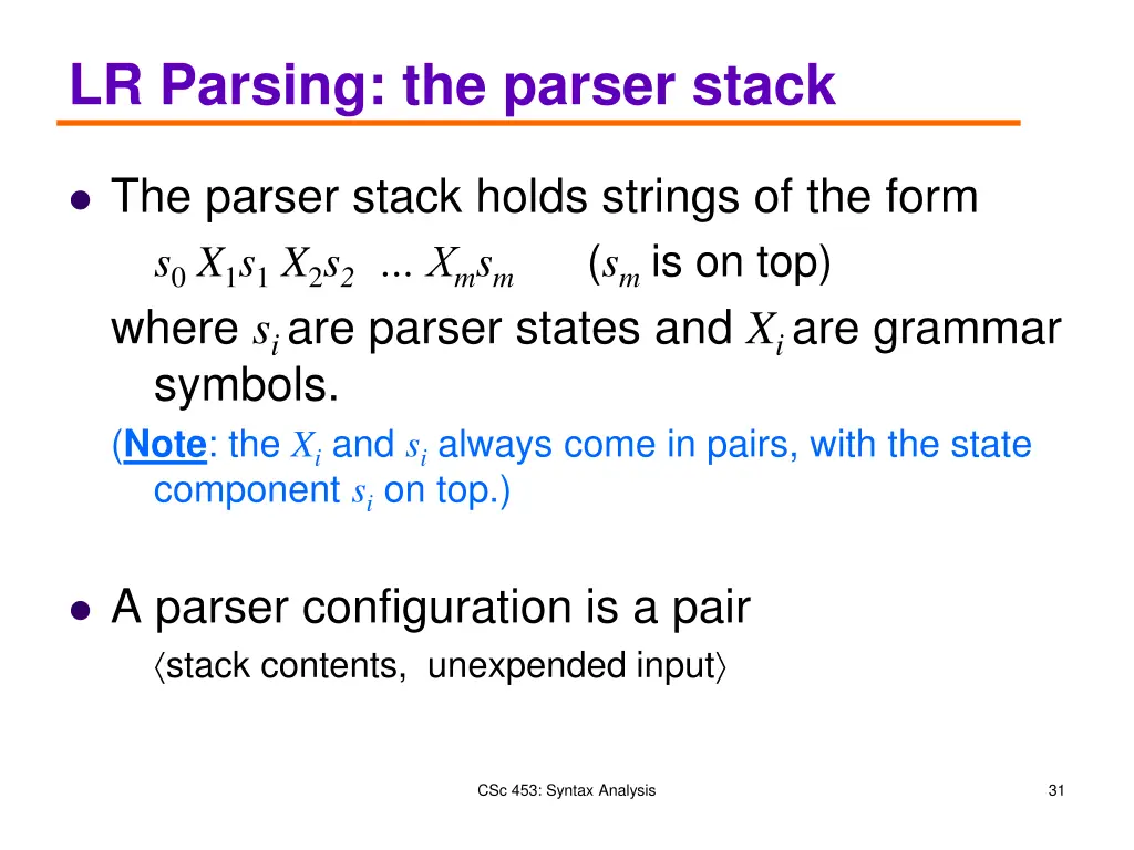 lr parsing the parser stack