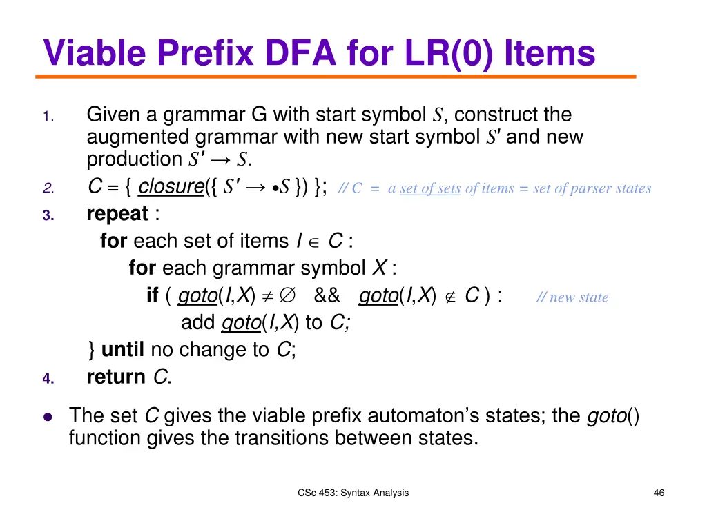 viable prefix dfa for lr 0 items