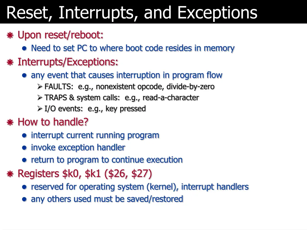 reset interrupts and exceptions