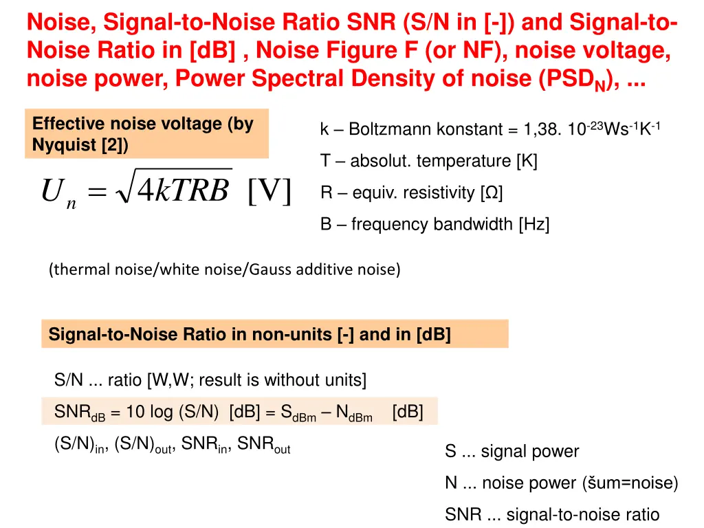 noise signal to noise ratio snr s n in and signal