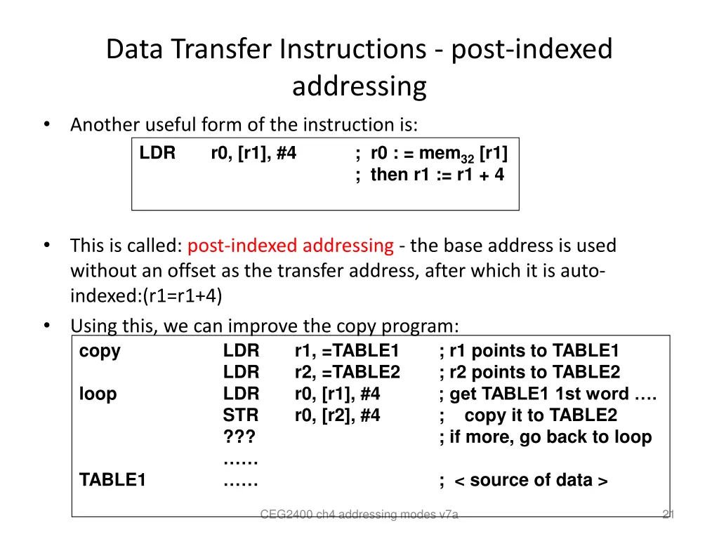 data transfer instructions post indexed addressing