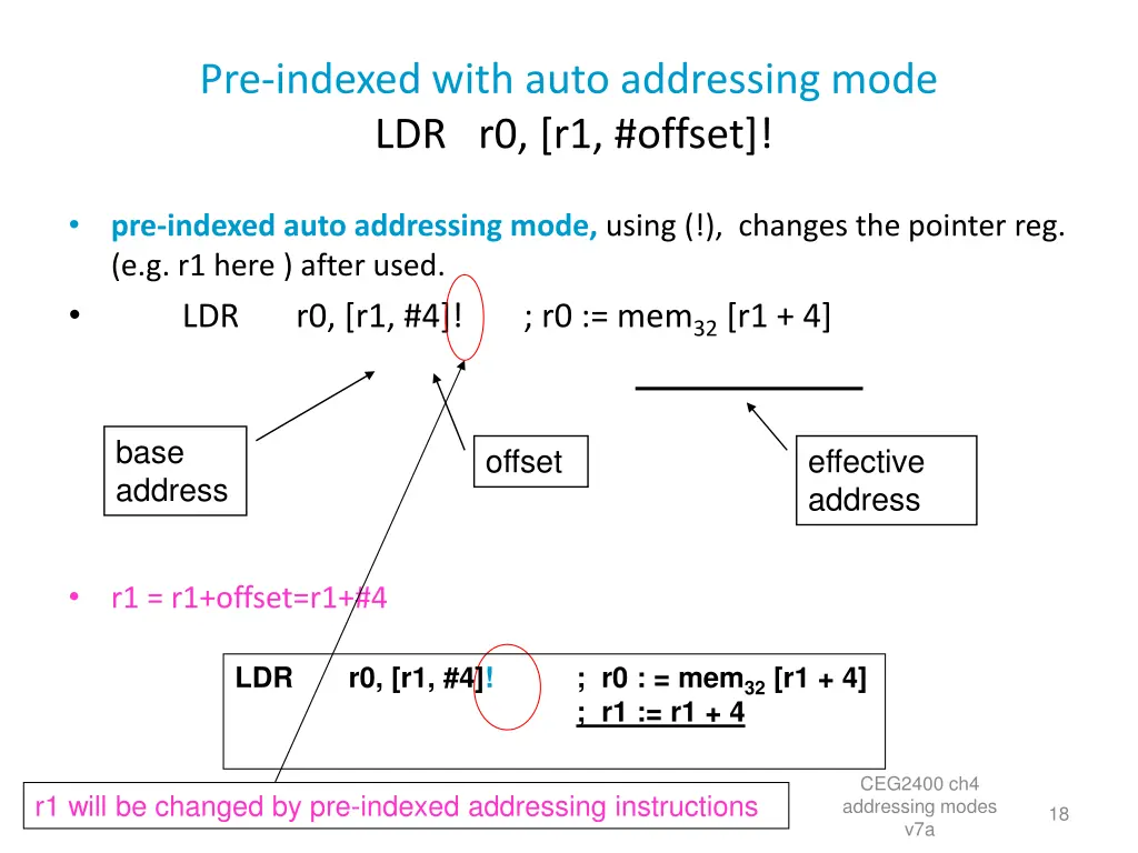 pre indexed with auto addressing mode