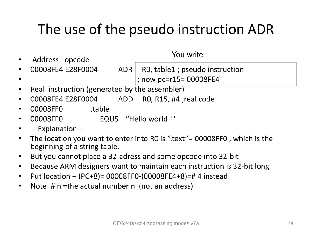 the use of the pseudo instruction adr