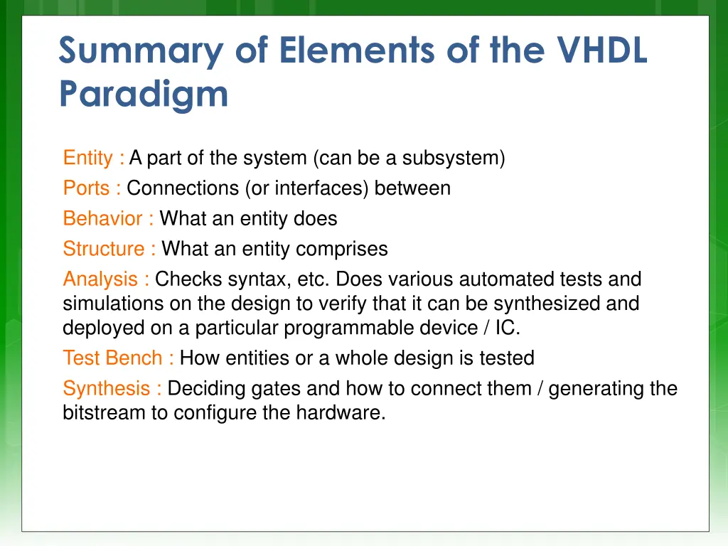 summary of elements of the vhdl paradigm