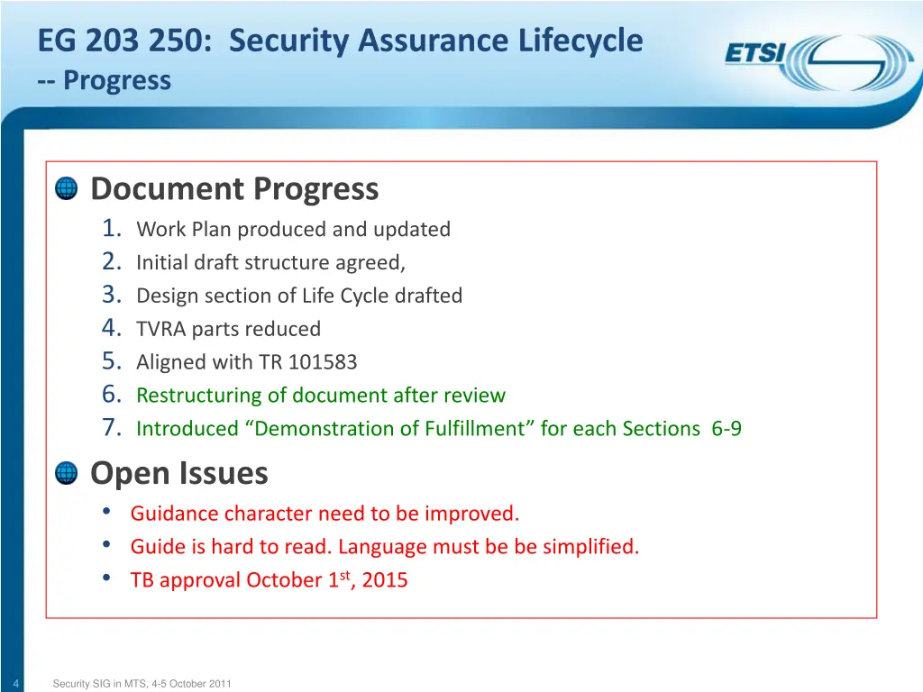 eg 203 250 security assurance lifecycle progress