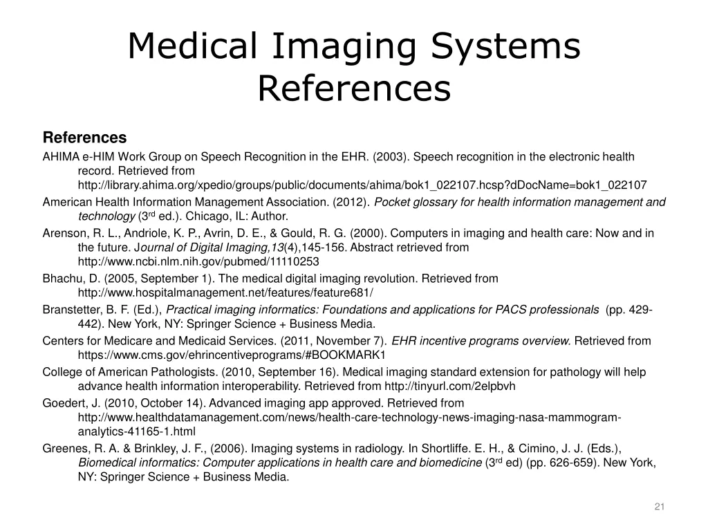 medical imaging systems references