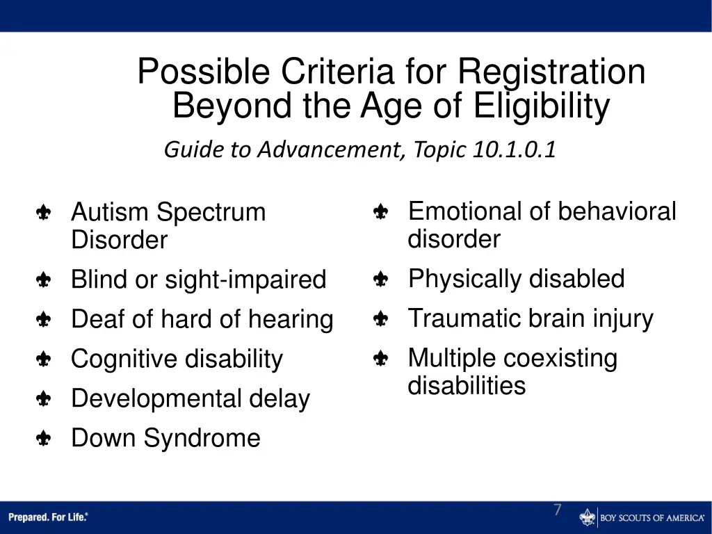 possible criteria for registration beyond
