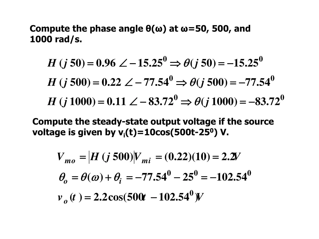 compute the phase angle at 50 500 and 1000 rad s