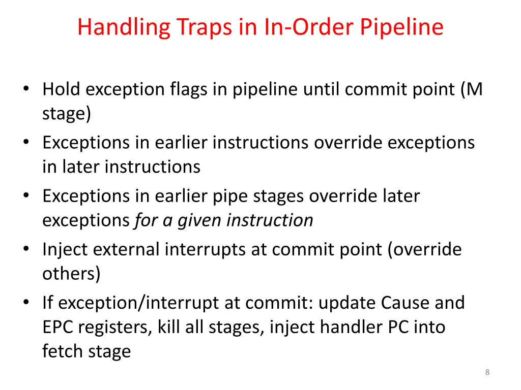 handling traps in in order pipeline