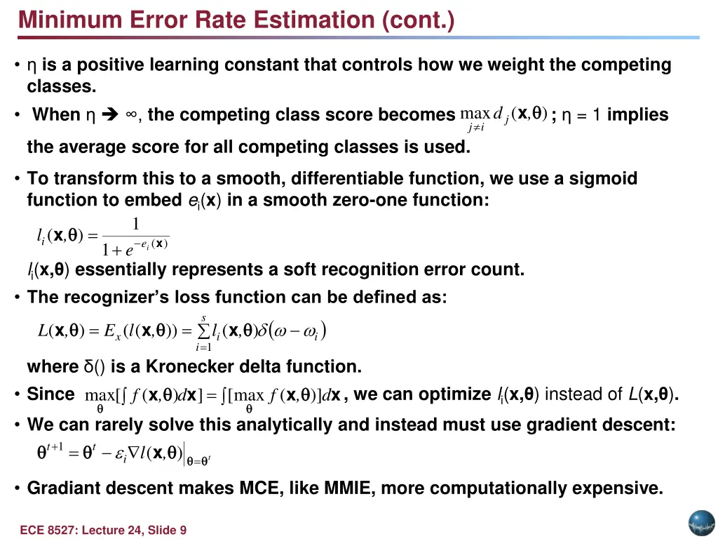minimum error rate estimation cont