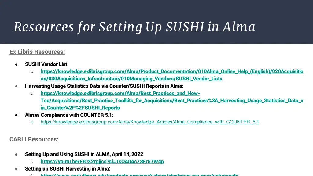 resources for setting up sushi in alma