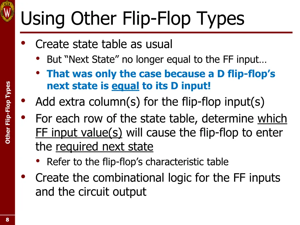 using other flip flop types create state table