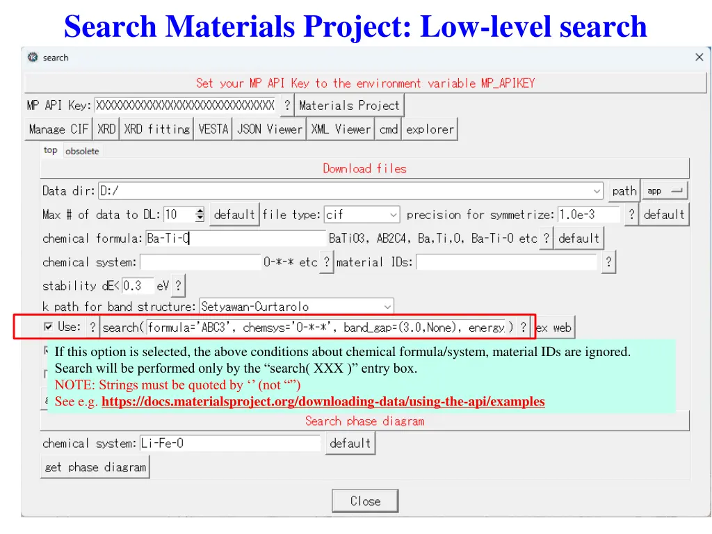 search materials project low level search