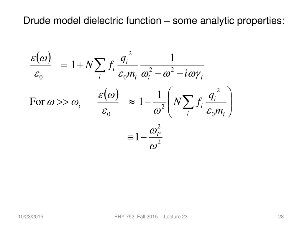 drude model dielectric function some analytic