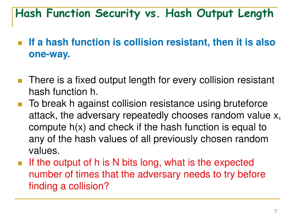 hash function security vs hash output length