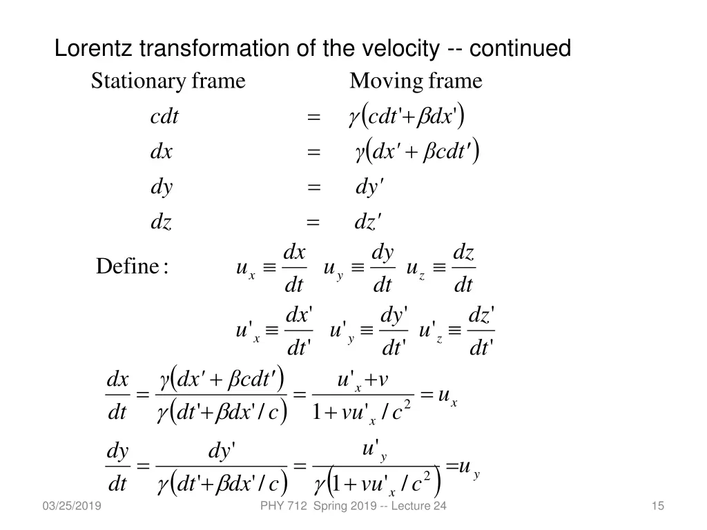 lorentz transformation of the velocity continued