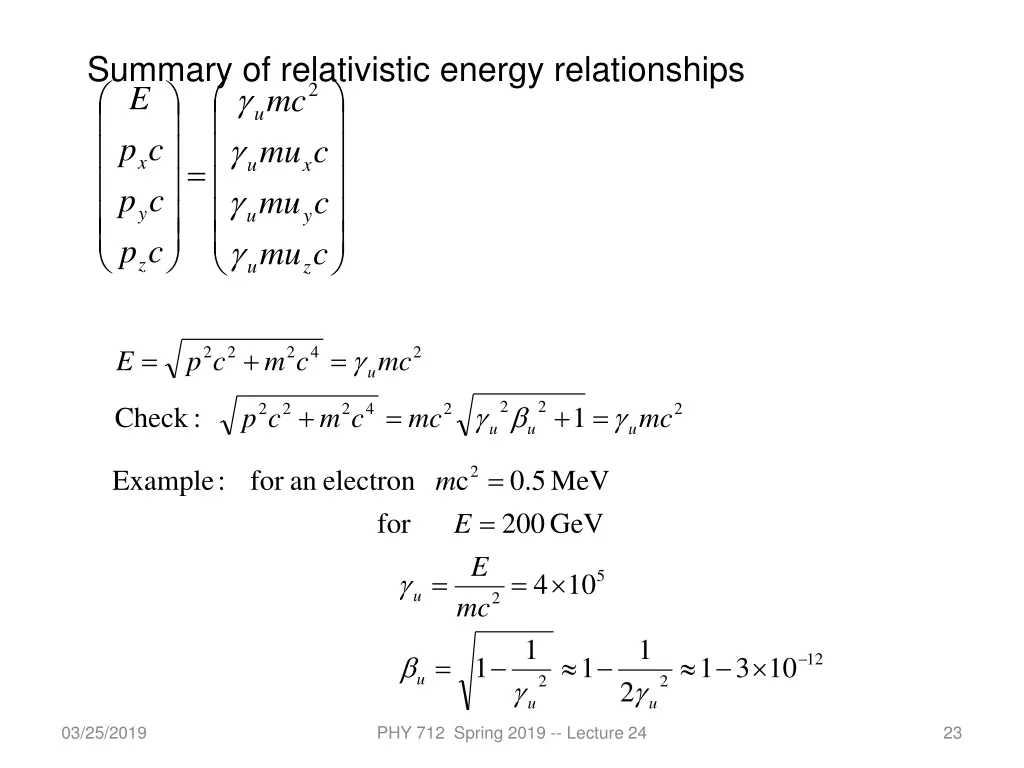 summary of relativistic energy relationships