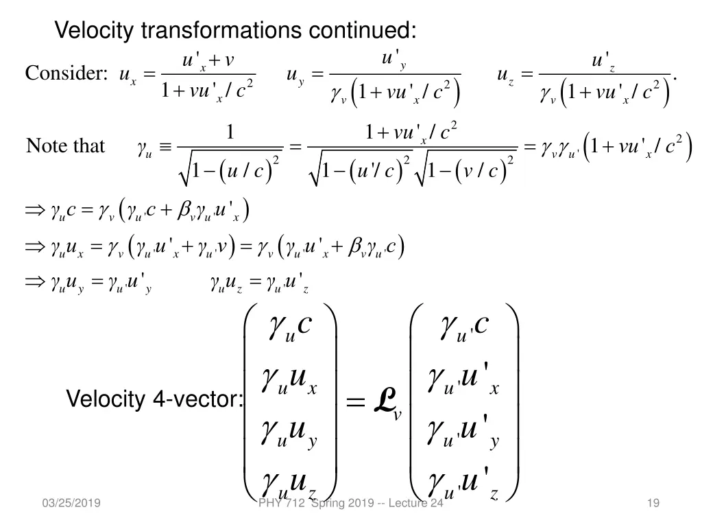 velocity transformations continued consider 1 x vu