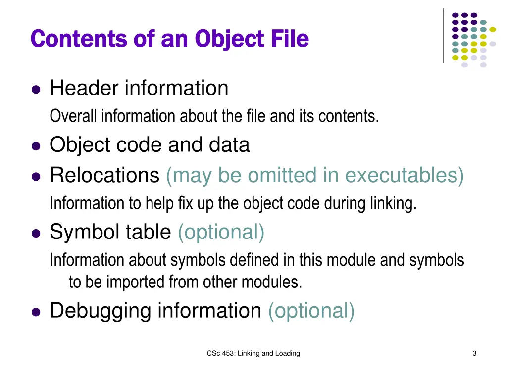 contents of an object file contents of an object