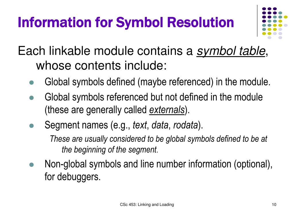 information for symbol resolution information