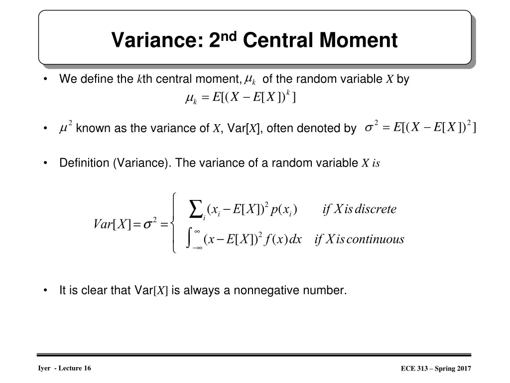 variance 2 nd central moment