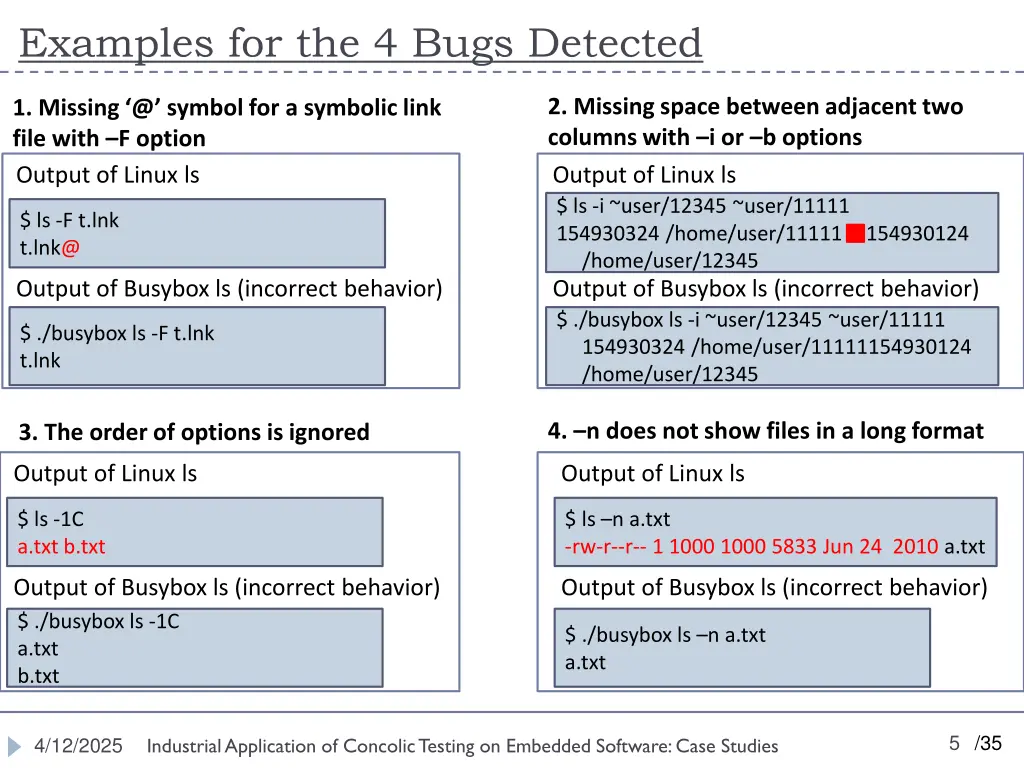 examples for the 4 bugs detected