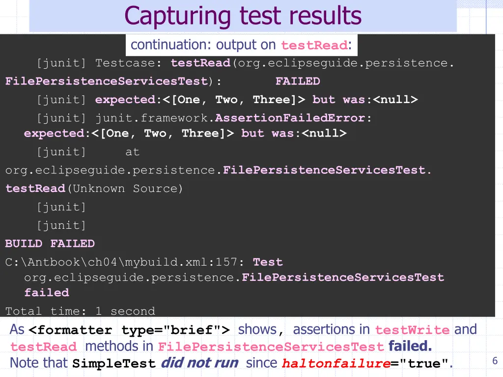 capturing test results continuation output
