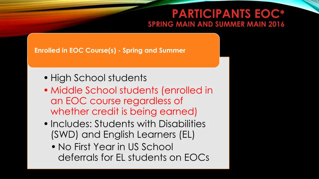 participants eoc spring main and summer main 2016