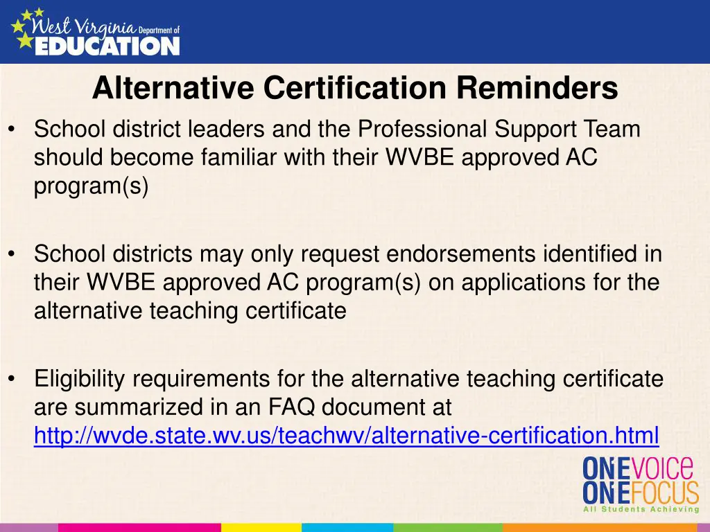 alternative certification reminders school