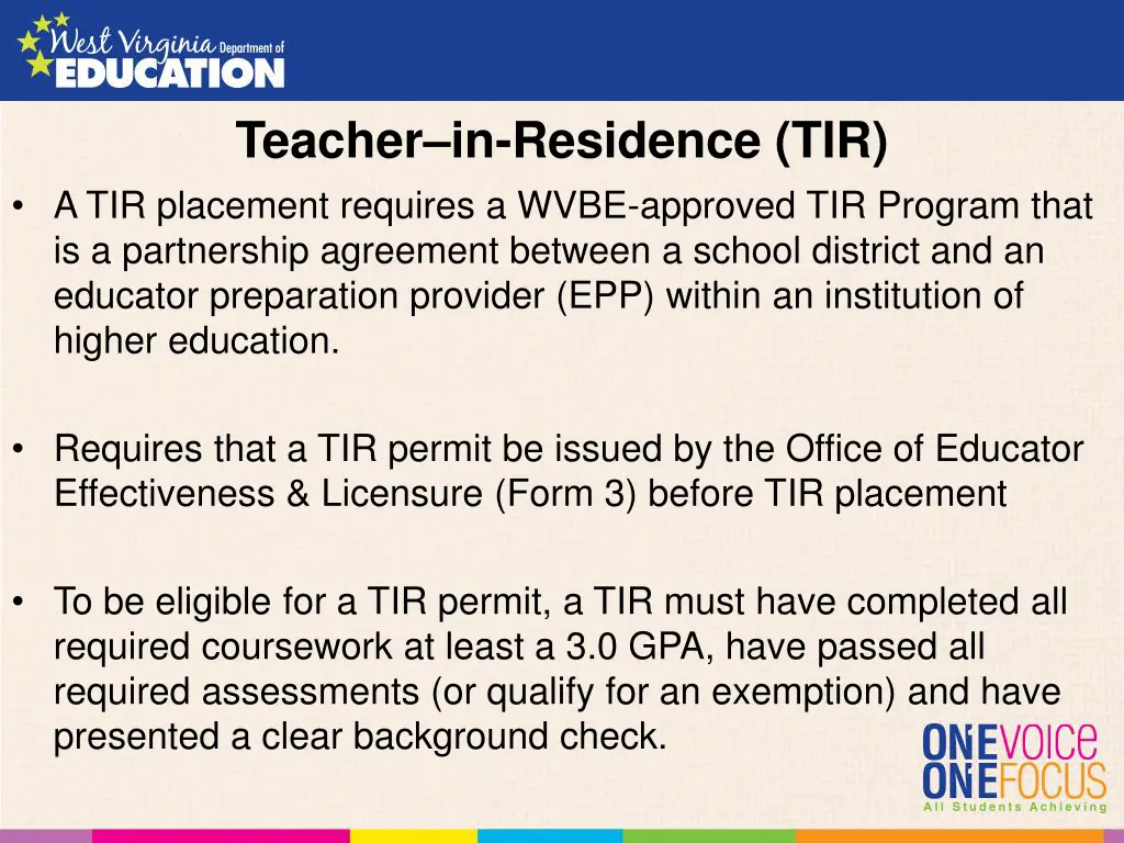 teacher in residence tir a tir placement requires