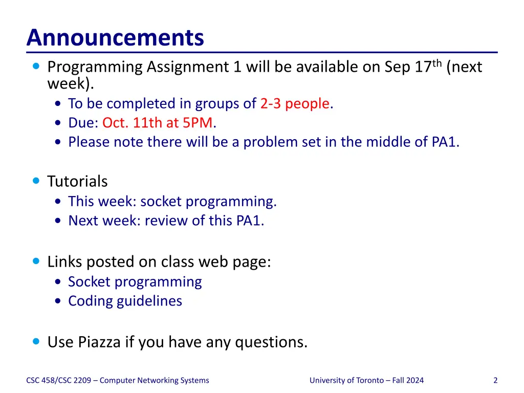 announcements programming assignment 1 will